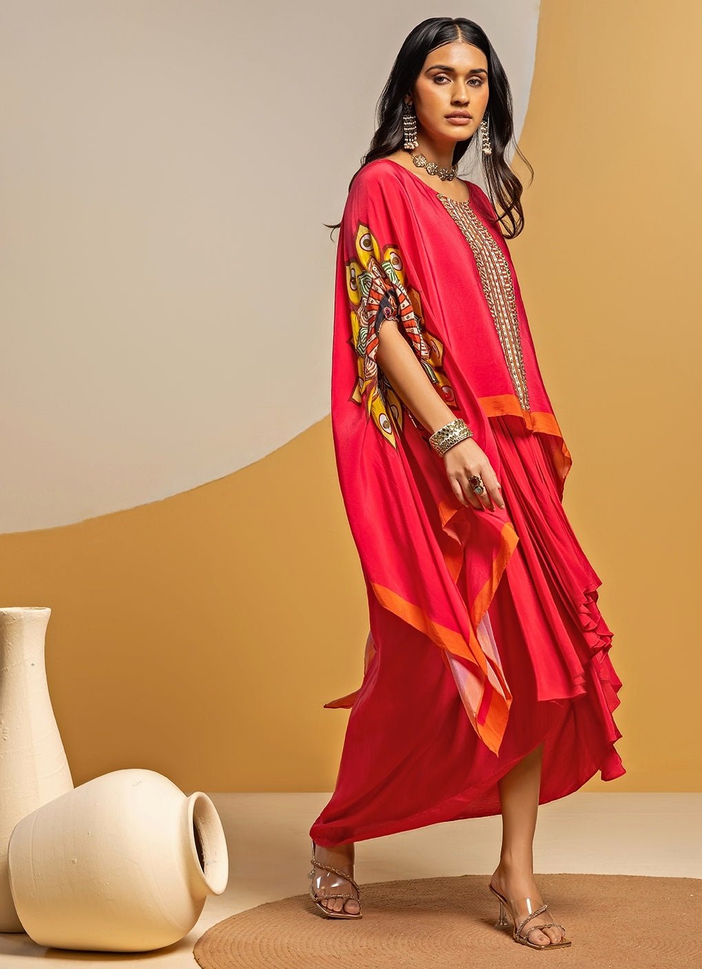 Pink Crepe Drape Skirt Set With Kimono Top Soup by Sougat Paul - Fabilicious Fashion