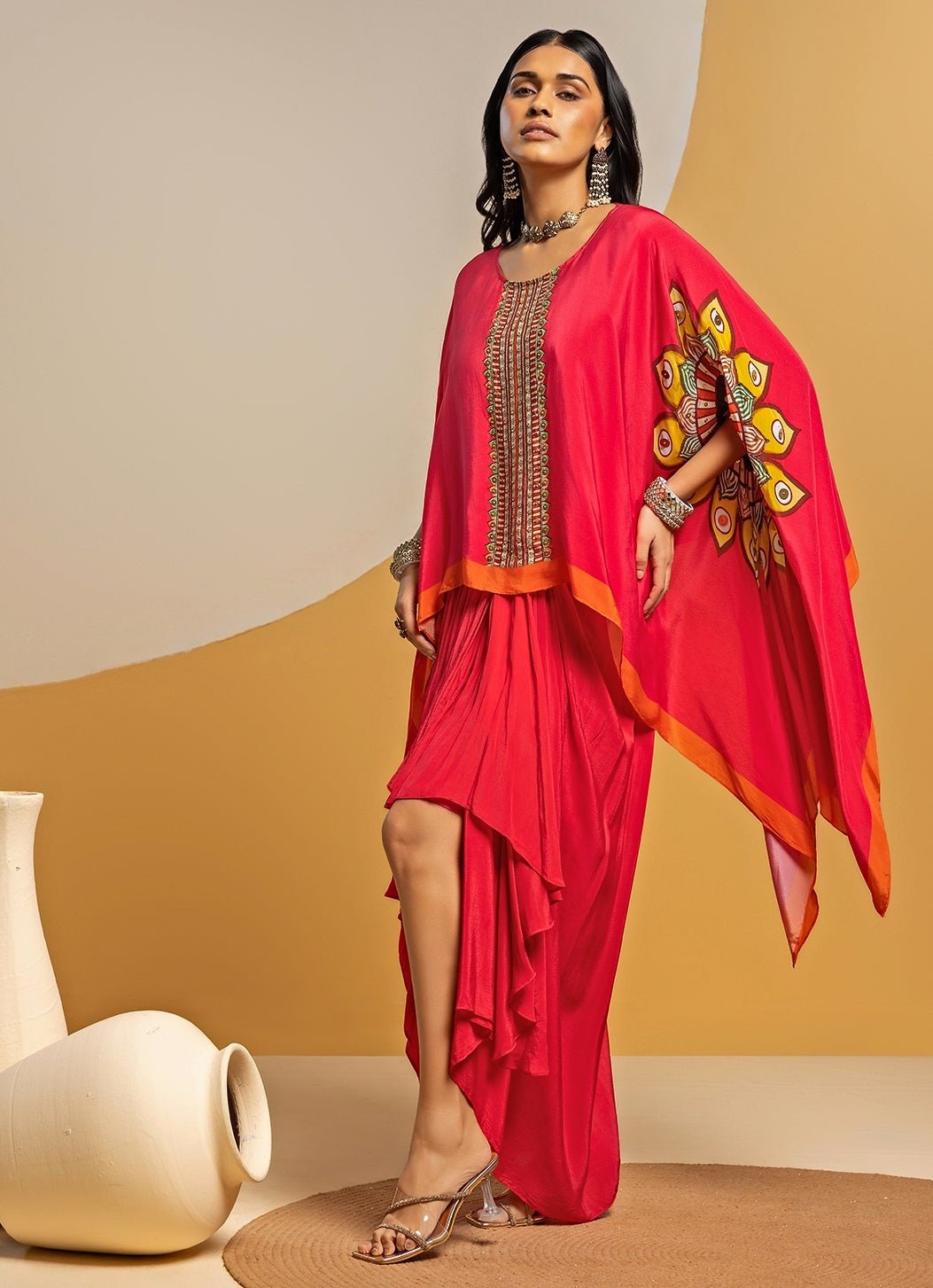 Pink Crepe Drape Skirt Set With Kimono Top Soup by Sougat Paul - Fabilicious Fashion