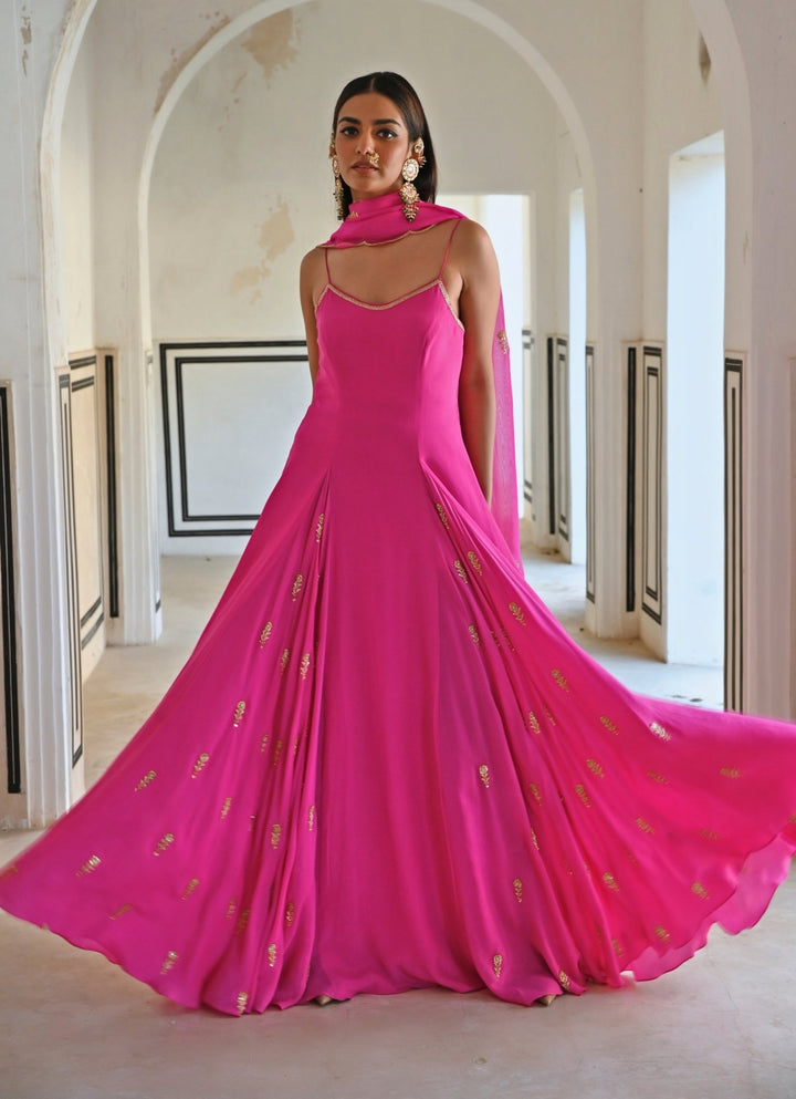 Pink Crepe Embroidered Floor - Length Anarkali With Dupatta Ease - Fabilicious Fashion
