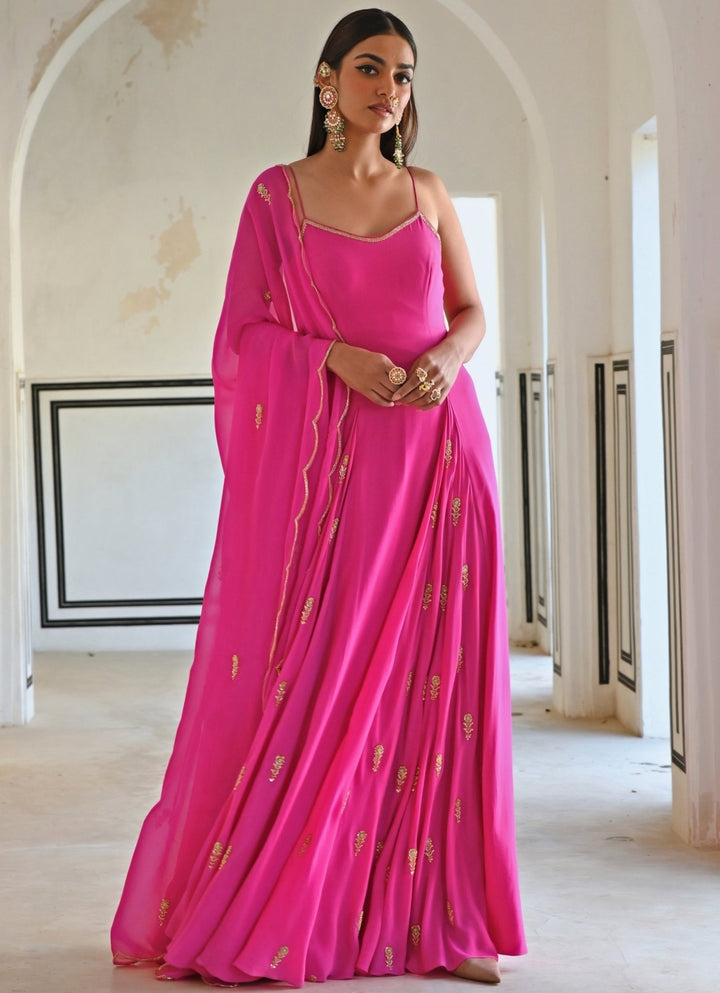 Pink Crepe Embroidered Floor - Length Anarkali With Dupatta Ease - Fabilicious Fashion