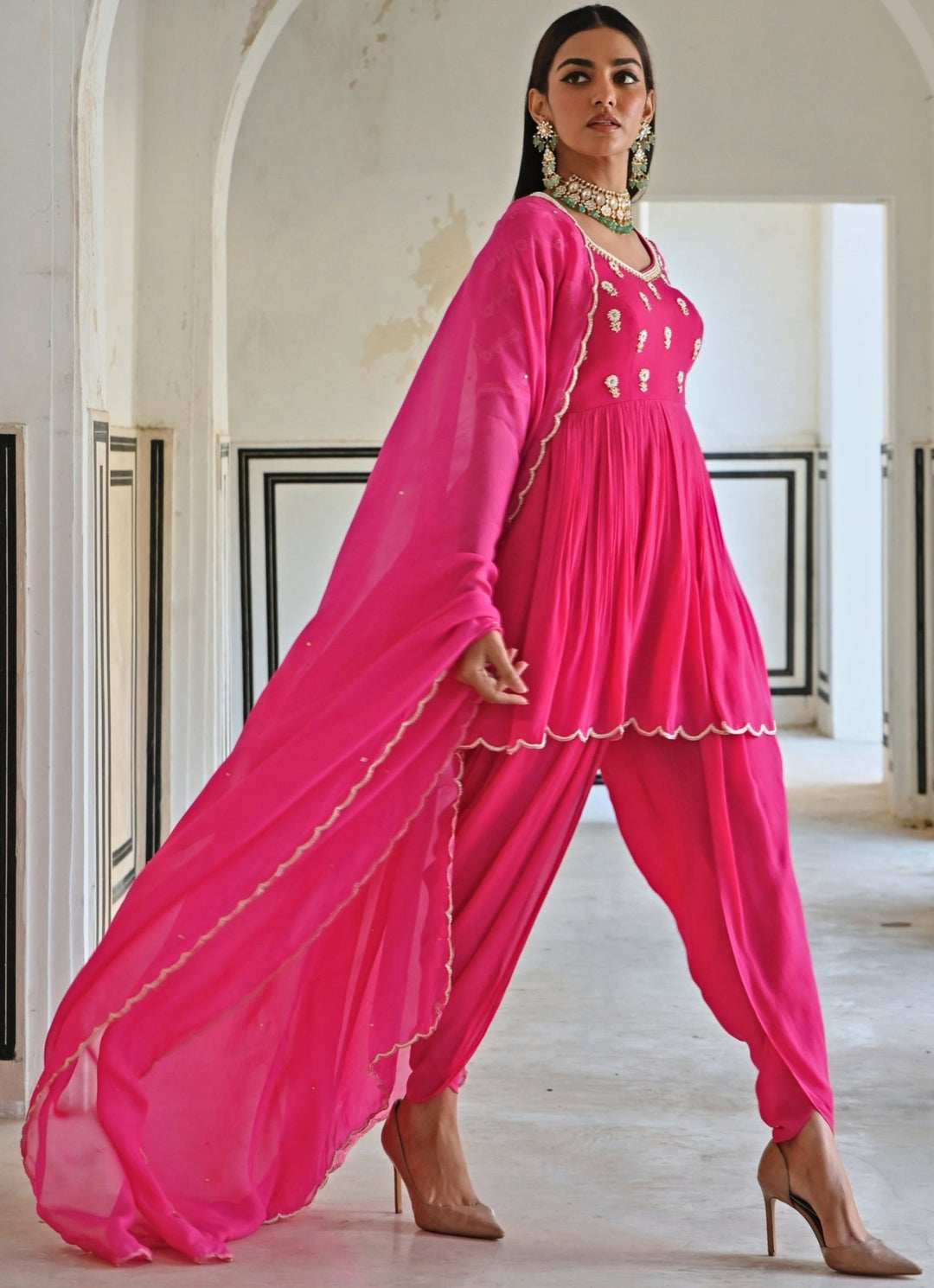 Pink Crepe Embroidered Peplum Kurta Set With Dhoti Ease - Fabilicious Fashion