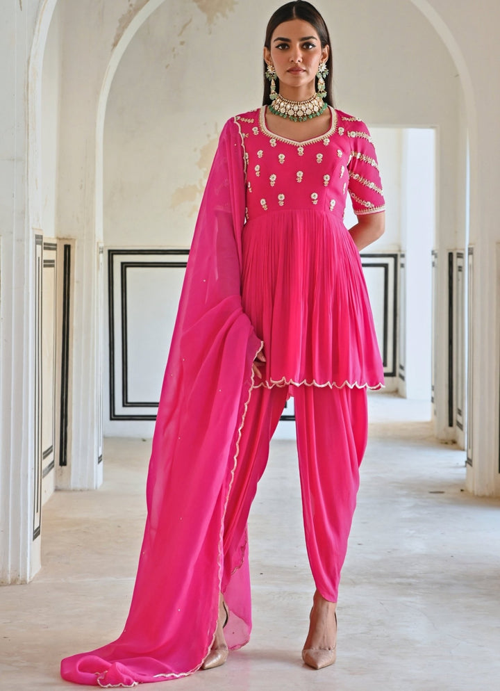 Pink Crepe Embroidered Peplum Kurta Set With Dhoti Ease - Fabilicious Fashion