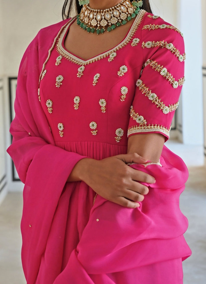 Pink Crepe Embroidered Peplum Kurta Set With Dhoti Ease - Fabilicious Fashion
