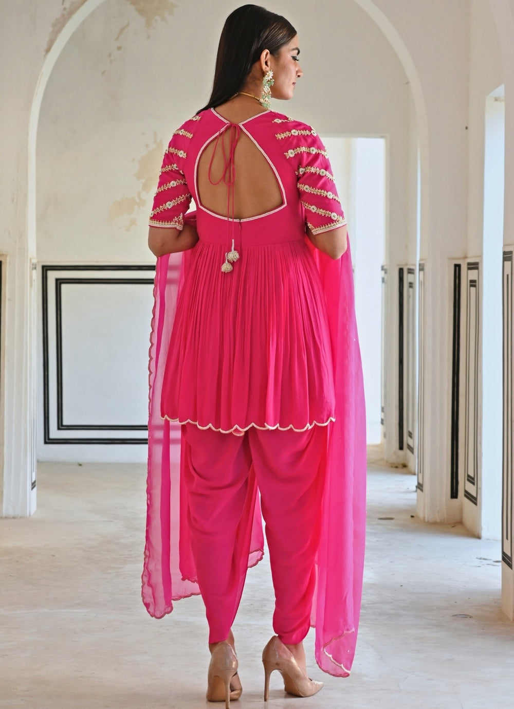 Pink Crepe Embroidered Peplum Kurta Set With Dhoti Ease - Fabilicious Fashion