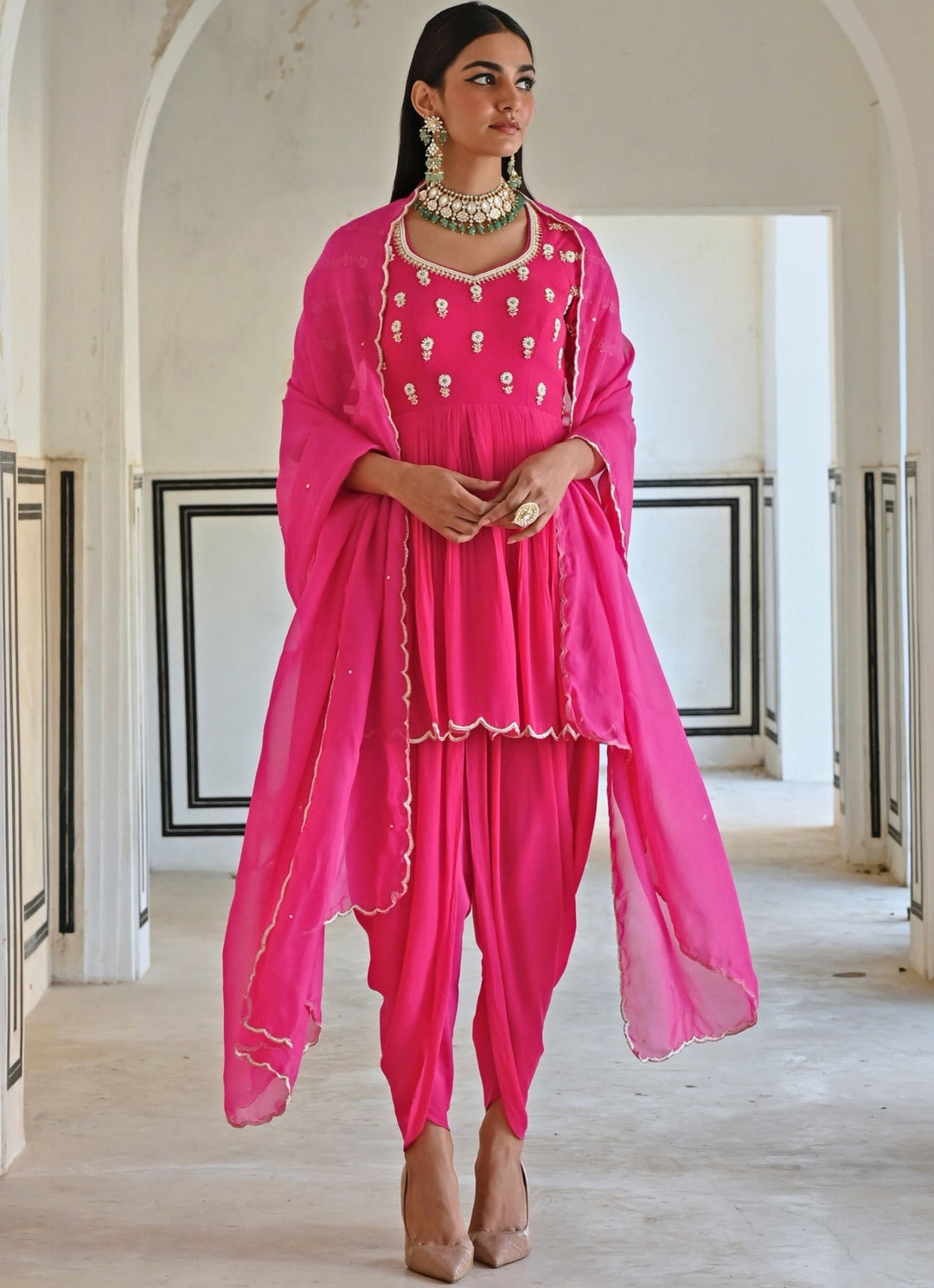 Pink Crepe Embroidered Peplum Kurta Set With Dhoti Ease - Fabilicious Fashion