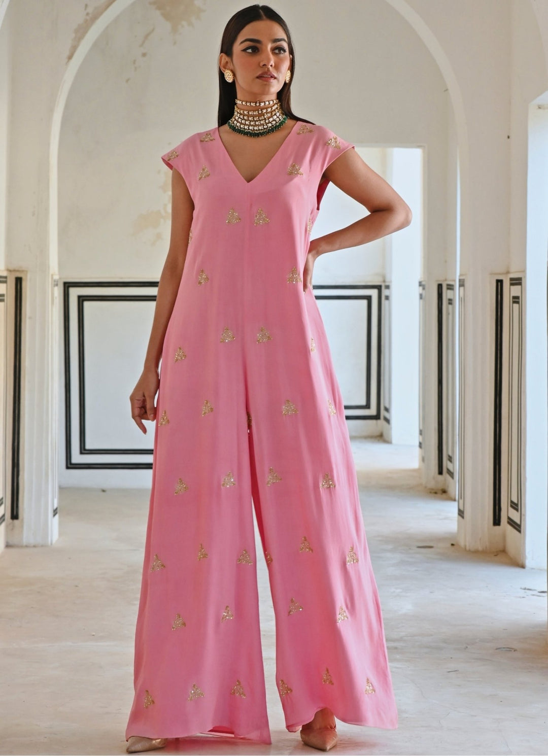 Pink Crepe Floral Embroidered Jumpsuit Ease - Fabilicious Fashion