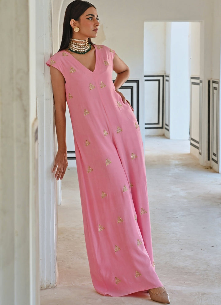 Pink Crepe Floral Embroidered Jumpsuit Ease - Fabilicious Fashion
