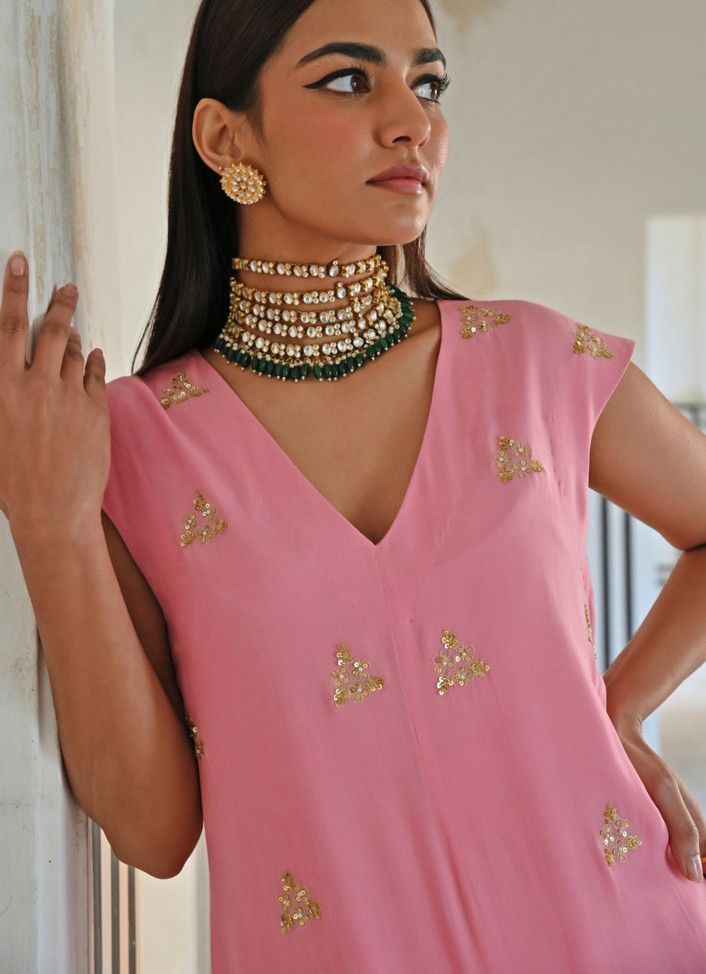 Pink Crepe Floral Embroidered Jumpsuit Ease - Fabilicious Fashion