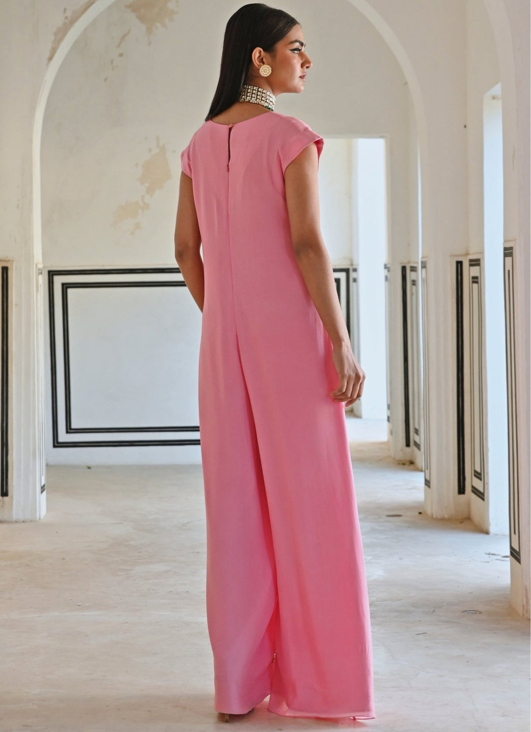 Pink Crepe Floral Embroidered Jumpsuit Ease - Fabilicious Fashion