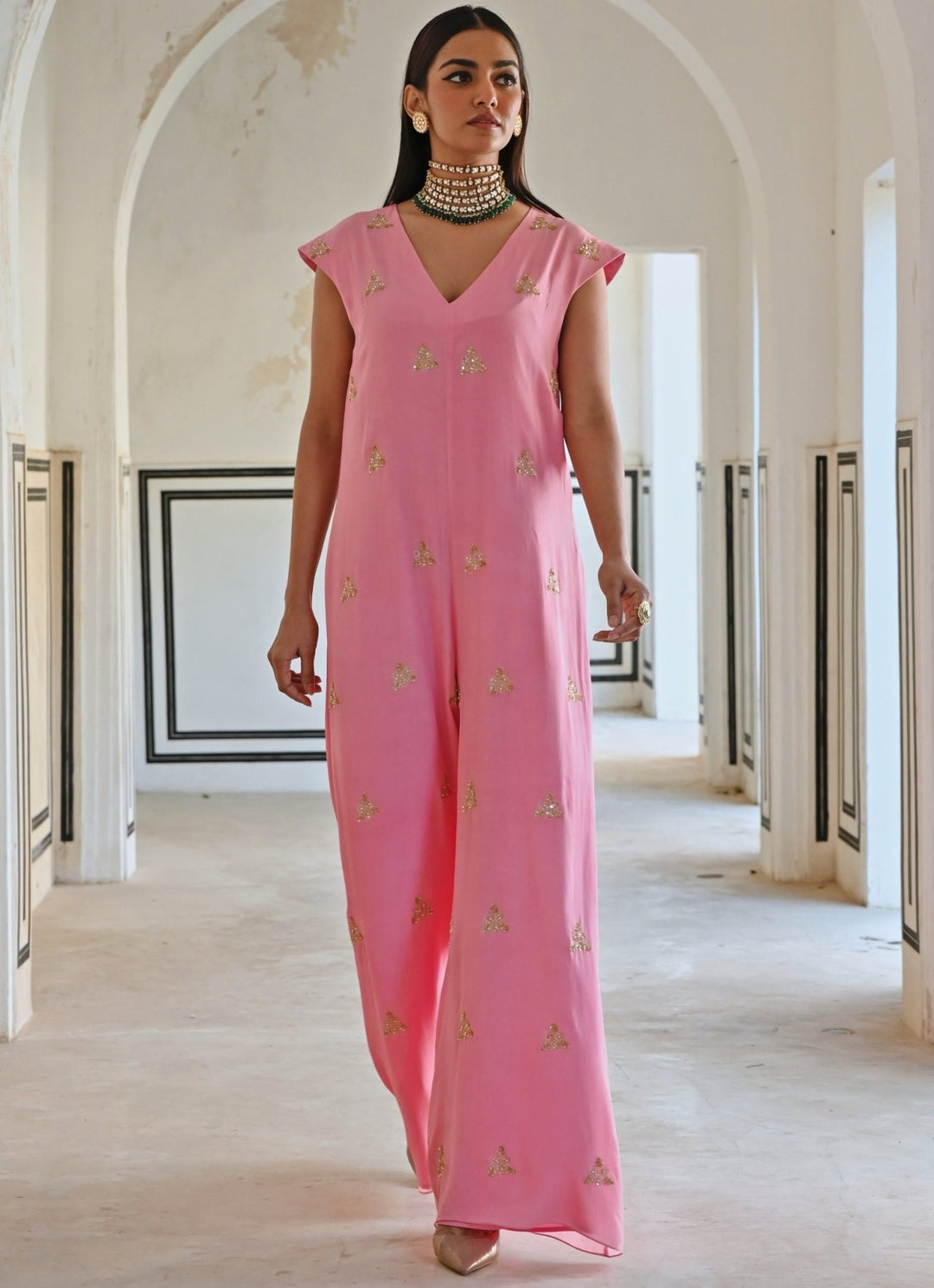 Pink Crepe Floral Embroidered Jumpsuit Ease - Fabilicious Fashion