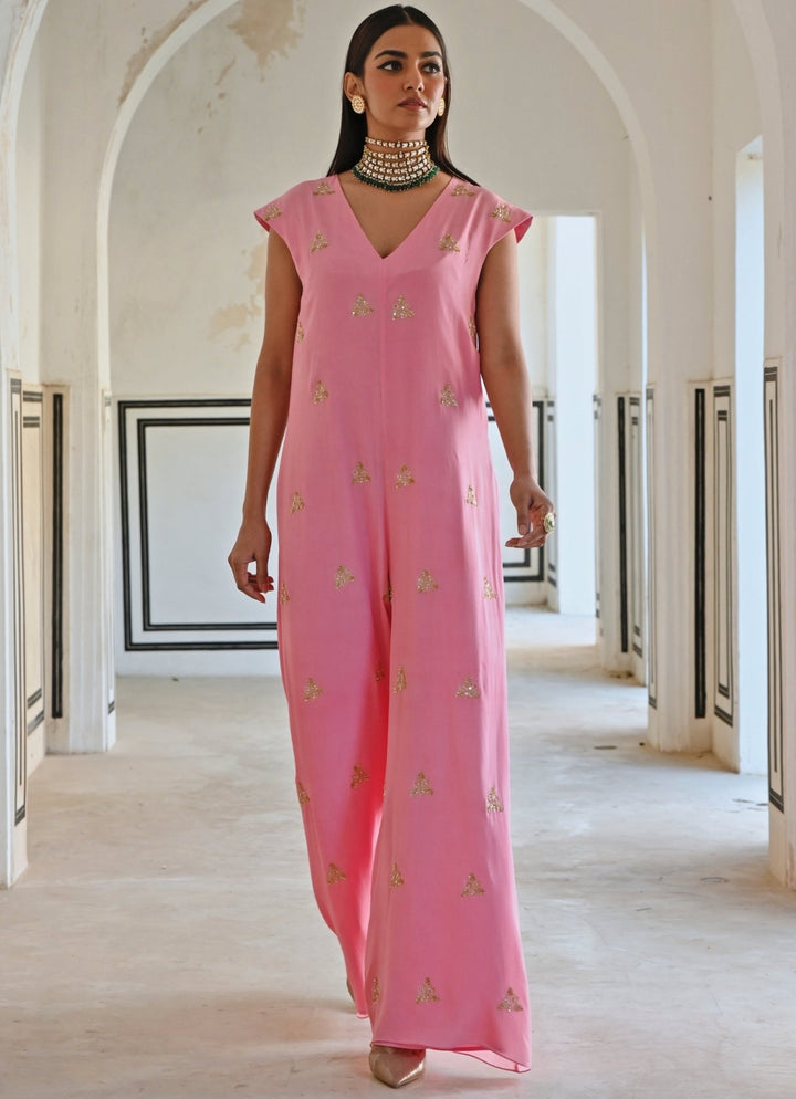 Pink Crepe Floral Embroidered Jumpsuit Ease - Fabilicious Fashion