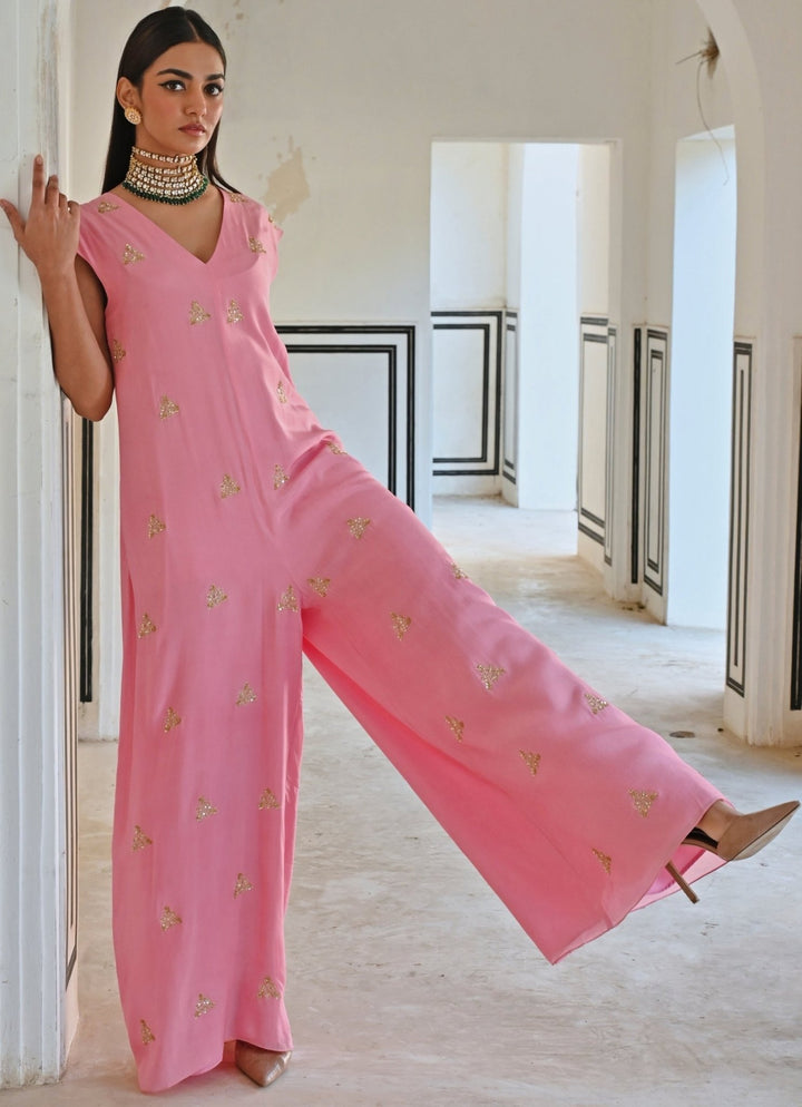 Pink Crepe Floral Embroidered Jumpsuit Ease - Fabilicious Fashion
