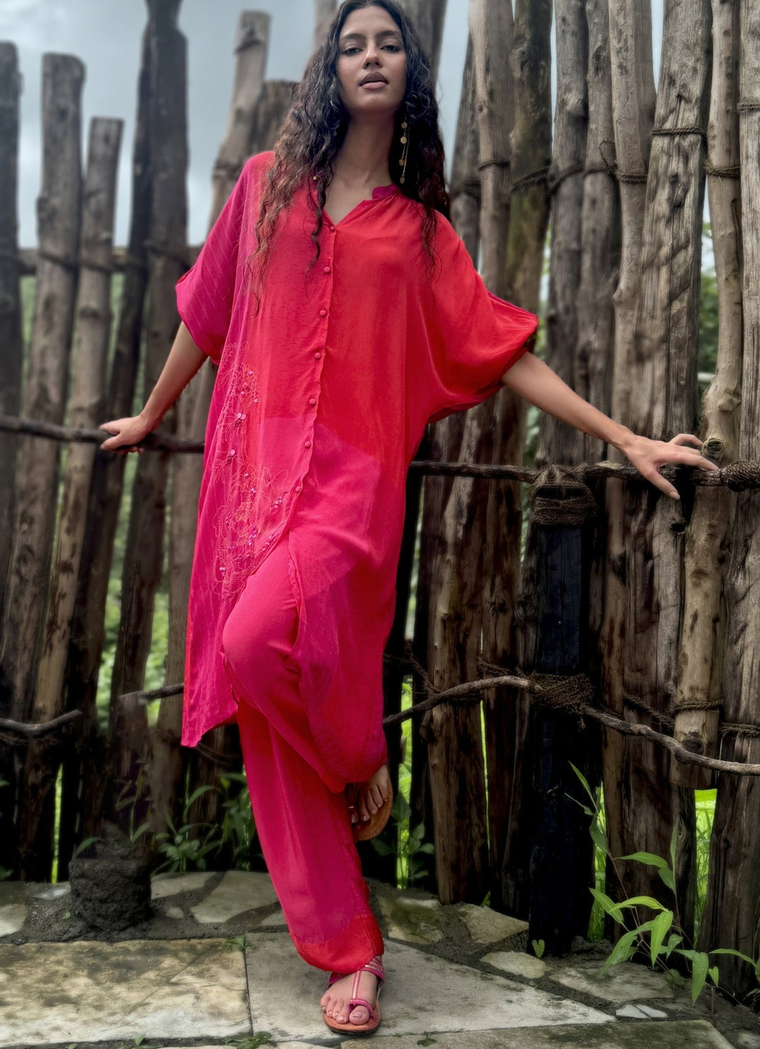 Pink Crepe Kurta Pant Set Basil Leaf - Fabilicious Fashion