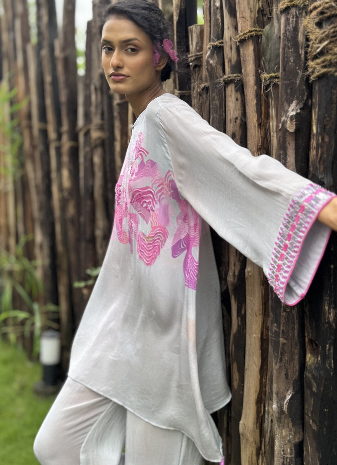 Pink Crepe Kurta Pant Set Basil Leaf - Fabilicious Fashion