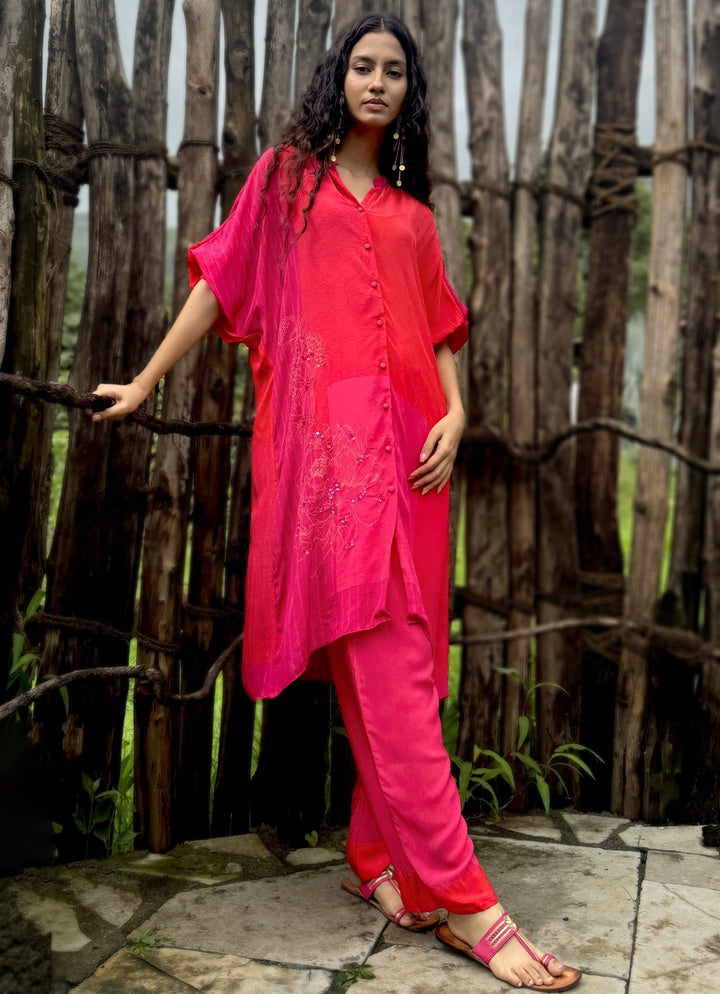 Pink Crepe Kurta Pant Set Basil Leaf - Fabilicious Fashion
