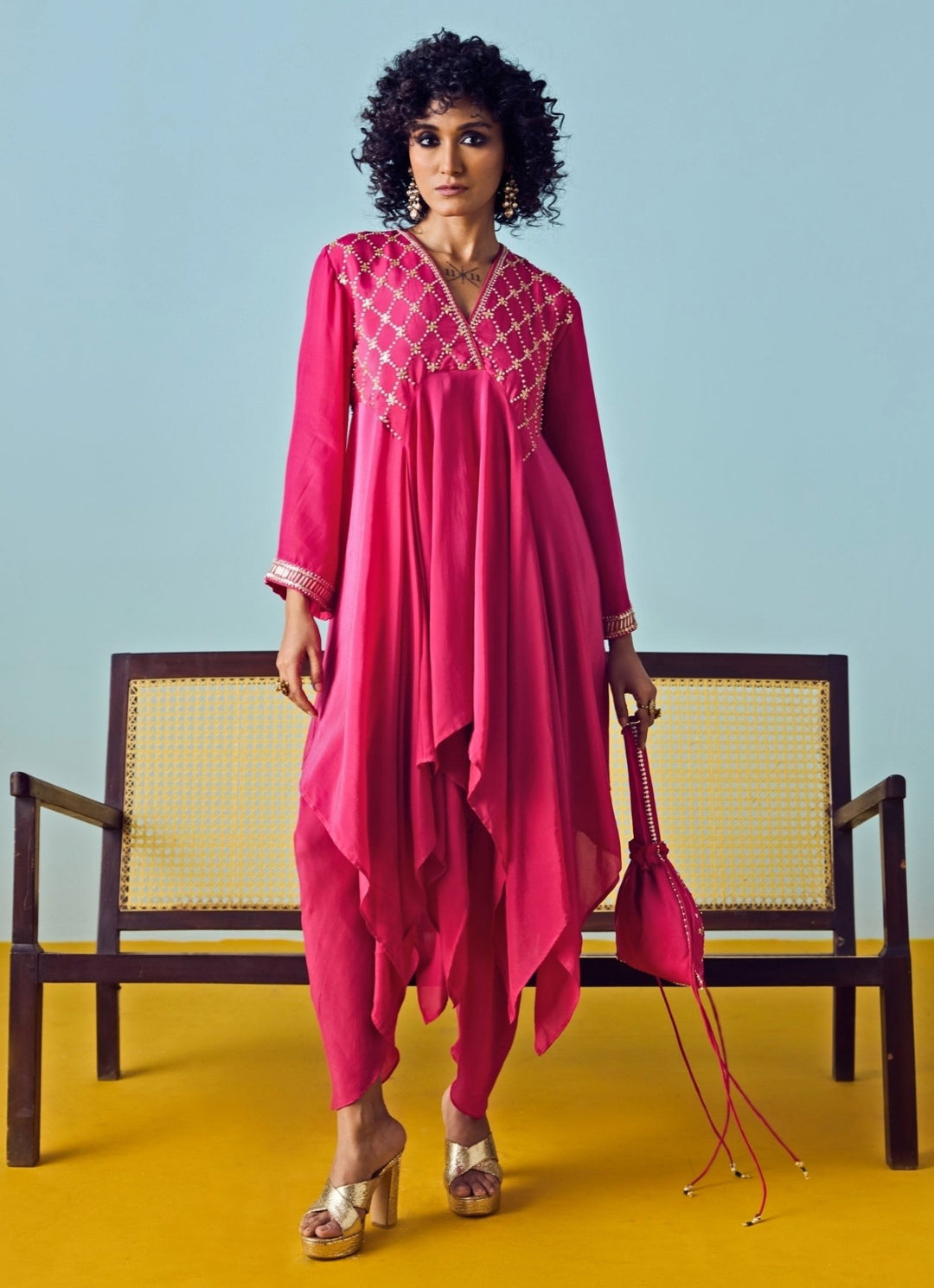 Pink Crepe Silk Asymmetric Kurta Pants Set Prahnaaya - Fabilicious Fashion