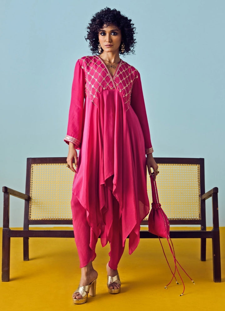 Pink Crepe Silk Asymmetric Kurta Pants Set Prahnaaya - Fabilicious Fashion