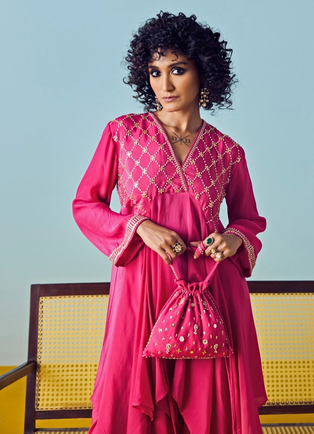 Pink Crepe Silk Asymmetric Kurta Pants Set Prahnaaya - Fabilicious Fashion