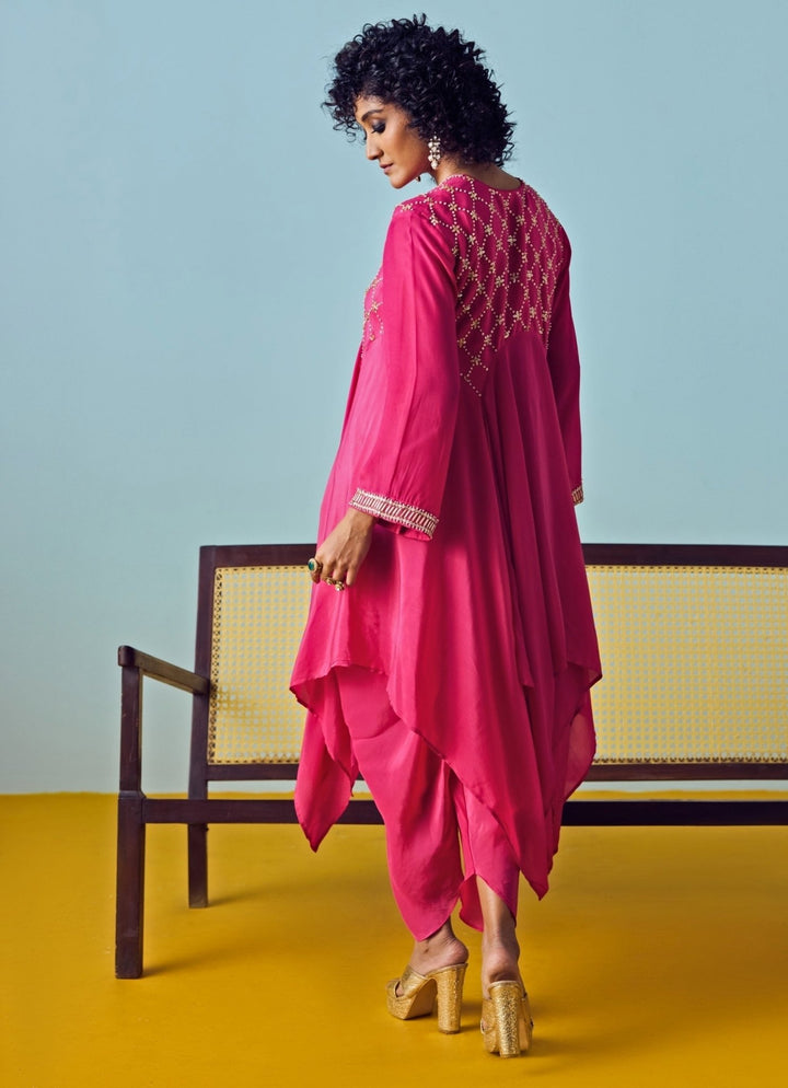 Pink Crepe Silk Asymmetric Kurta Pants Set Prahnaaya - Fabilicious Fashion