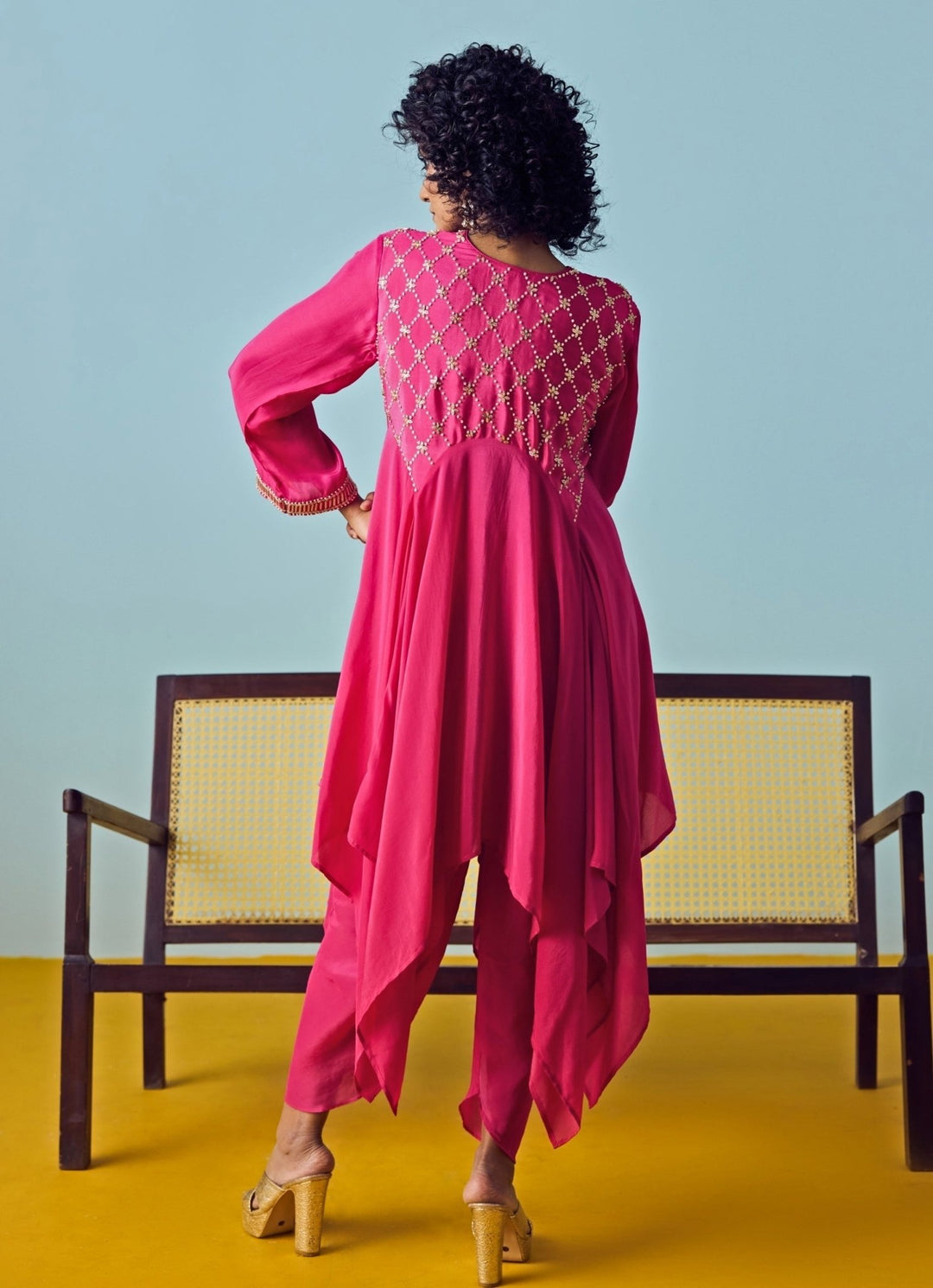 Pink Crepe Silk Asymmetric Kurta Pants Set Prahnaaya - Fabilicious Fashion