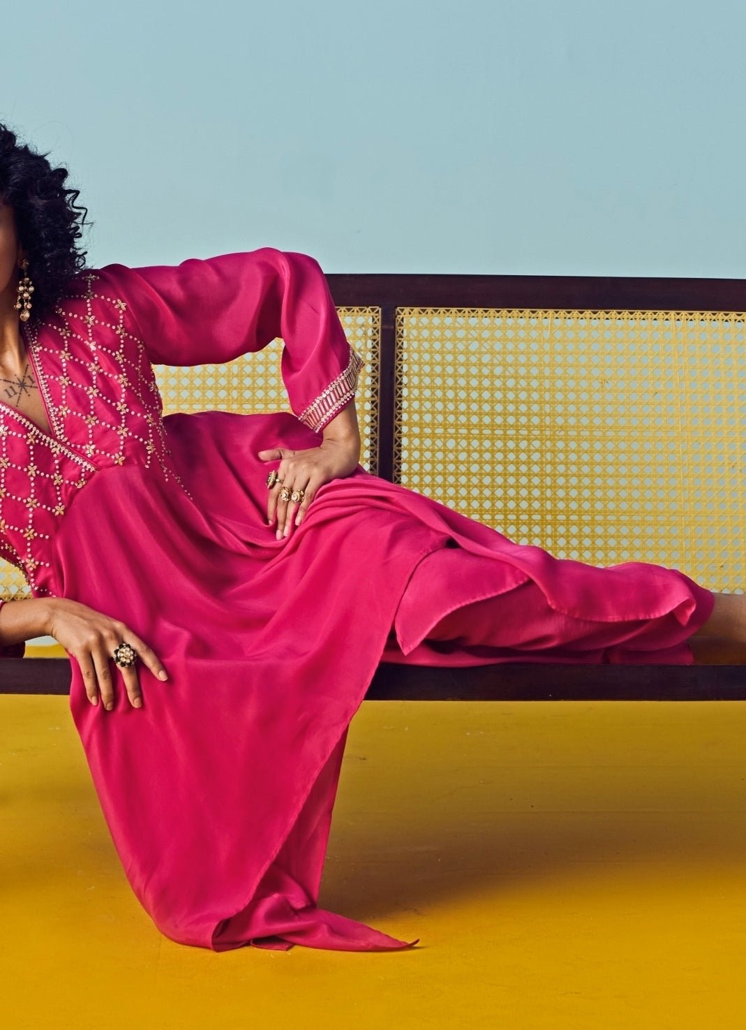 Pink Crepe Silk Asymmetric Kurta Pants Set Prahnaaya - Fabilicious Fashion