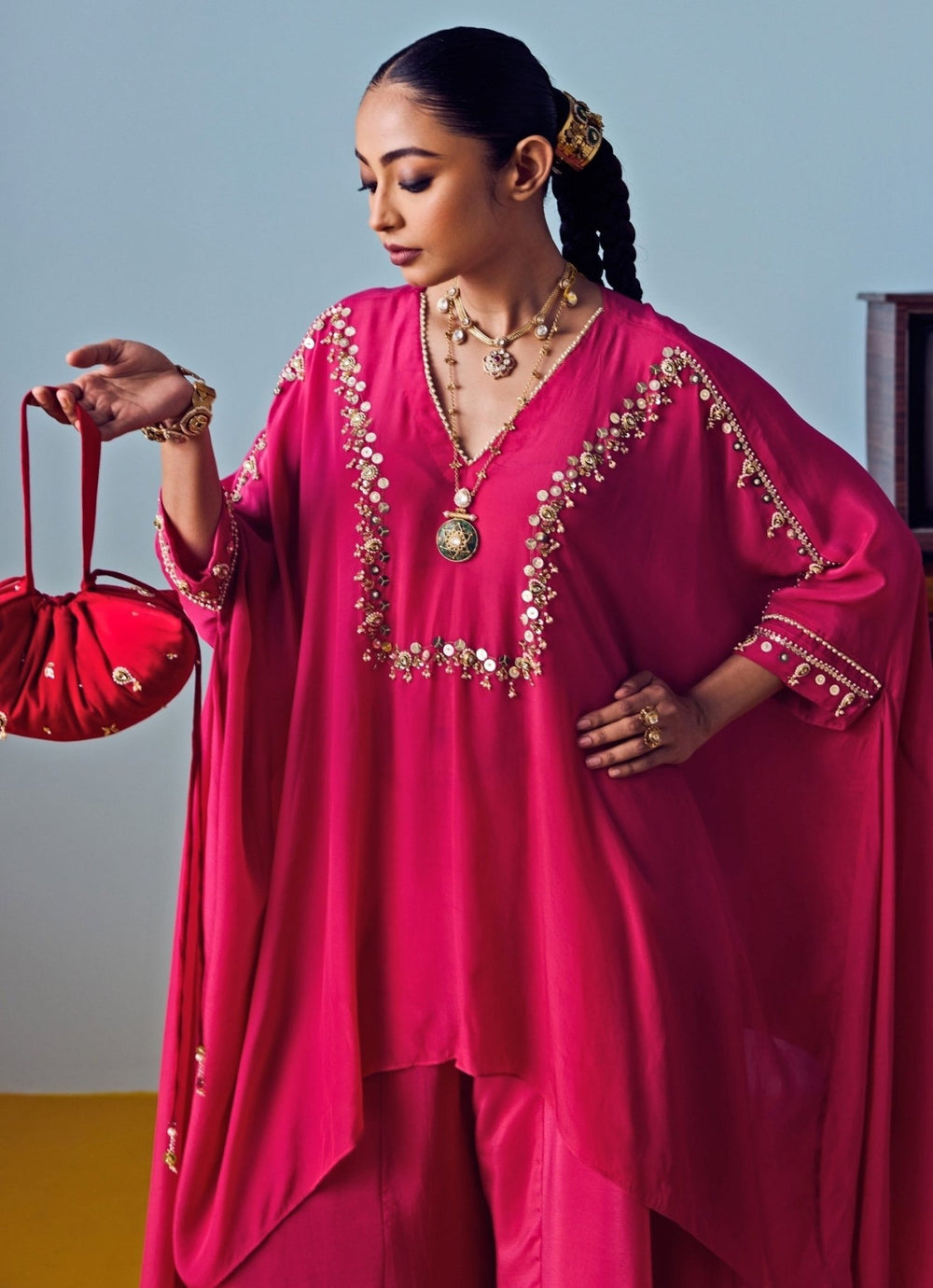 Pink Crepe Silk Tunic Palazzo Set Prahnaaya - Fabilicious Fashion
