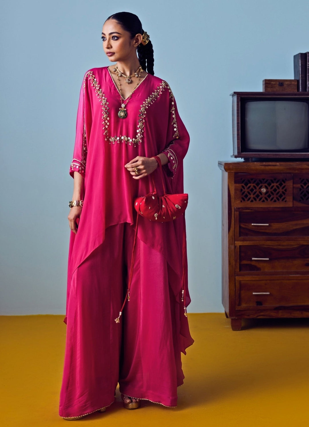 Pink Crepe Silk Tunic Palazzo Set Prahnaaya - Fabilicious Fashion