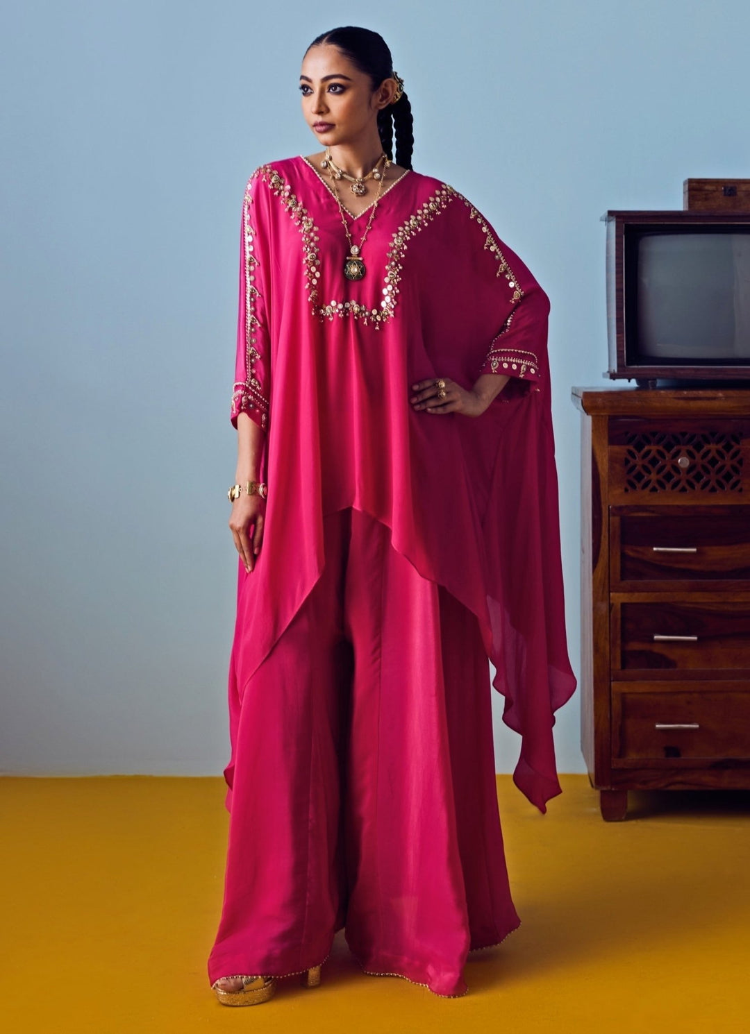 Pink Crepe Silk Tunic Palazzo Set Prahnaaya - Fabilicious Fashion