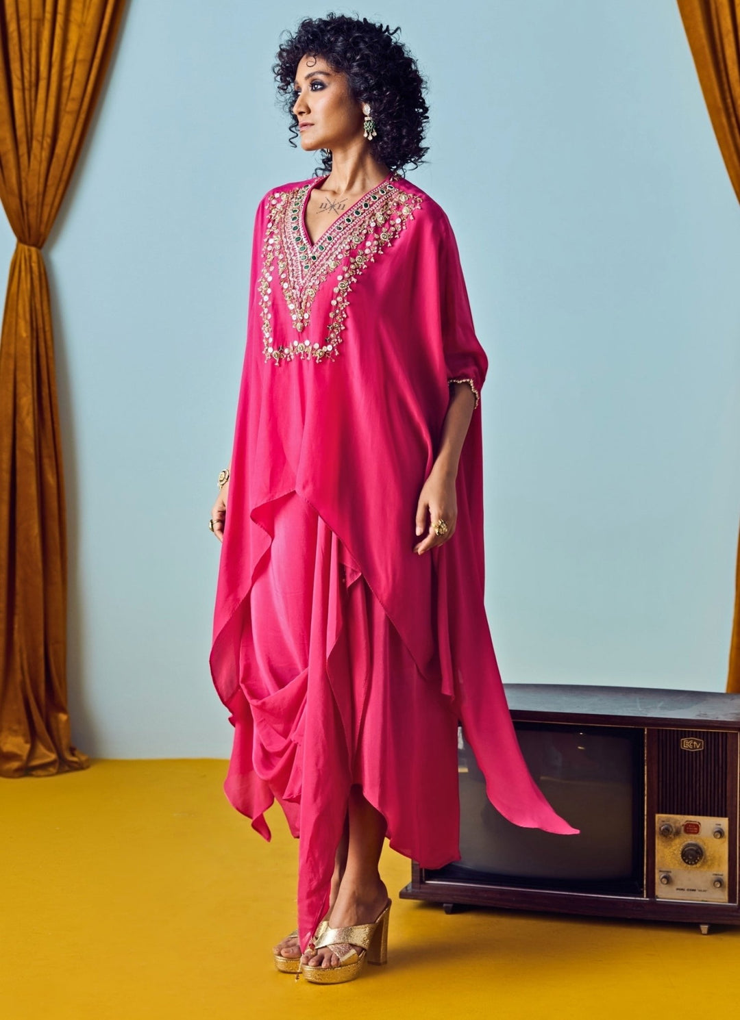 Pink Crepe Silk Tunic With Drape Skirt Prahnaaya - Fabilicious Fashion