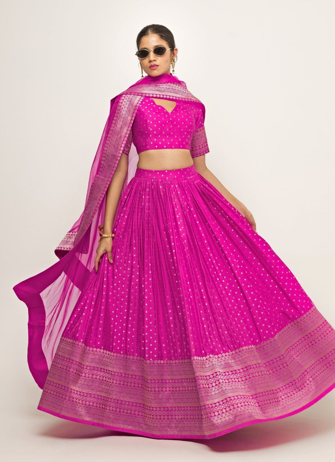 Pink Dotted Banarasi Silk Lehenga Set Sobariko - Fabilicious Fashion