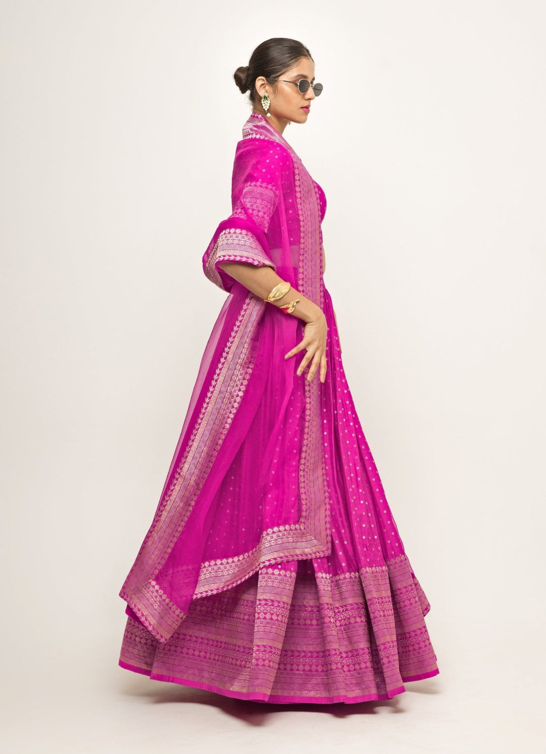 Pink Dotted Banarasi Silk Lehenga Set Sobariko - Fabilicious Fashion