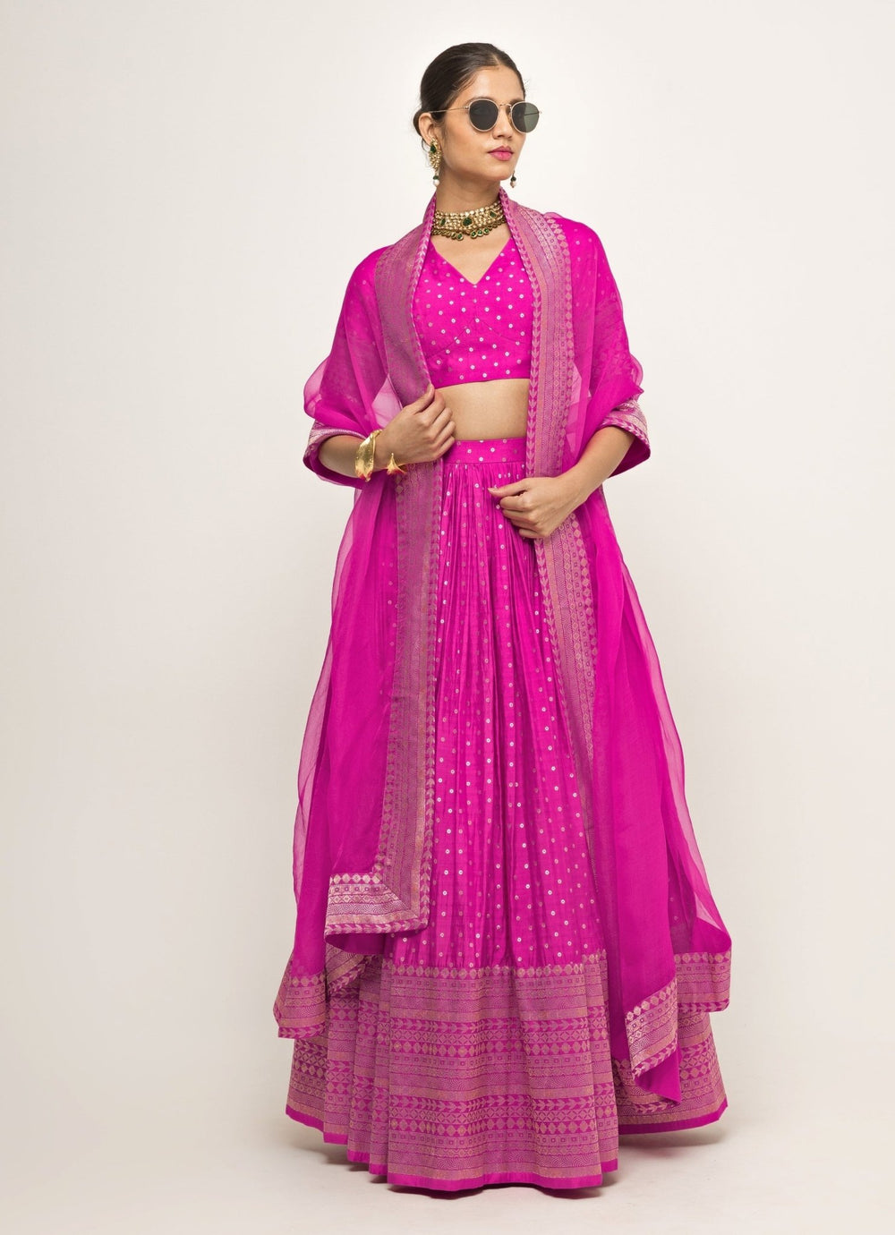Pink Dotted Banarasi Silk Lehenga Set Sobariko - Fabilicious Fashion