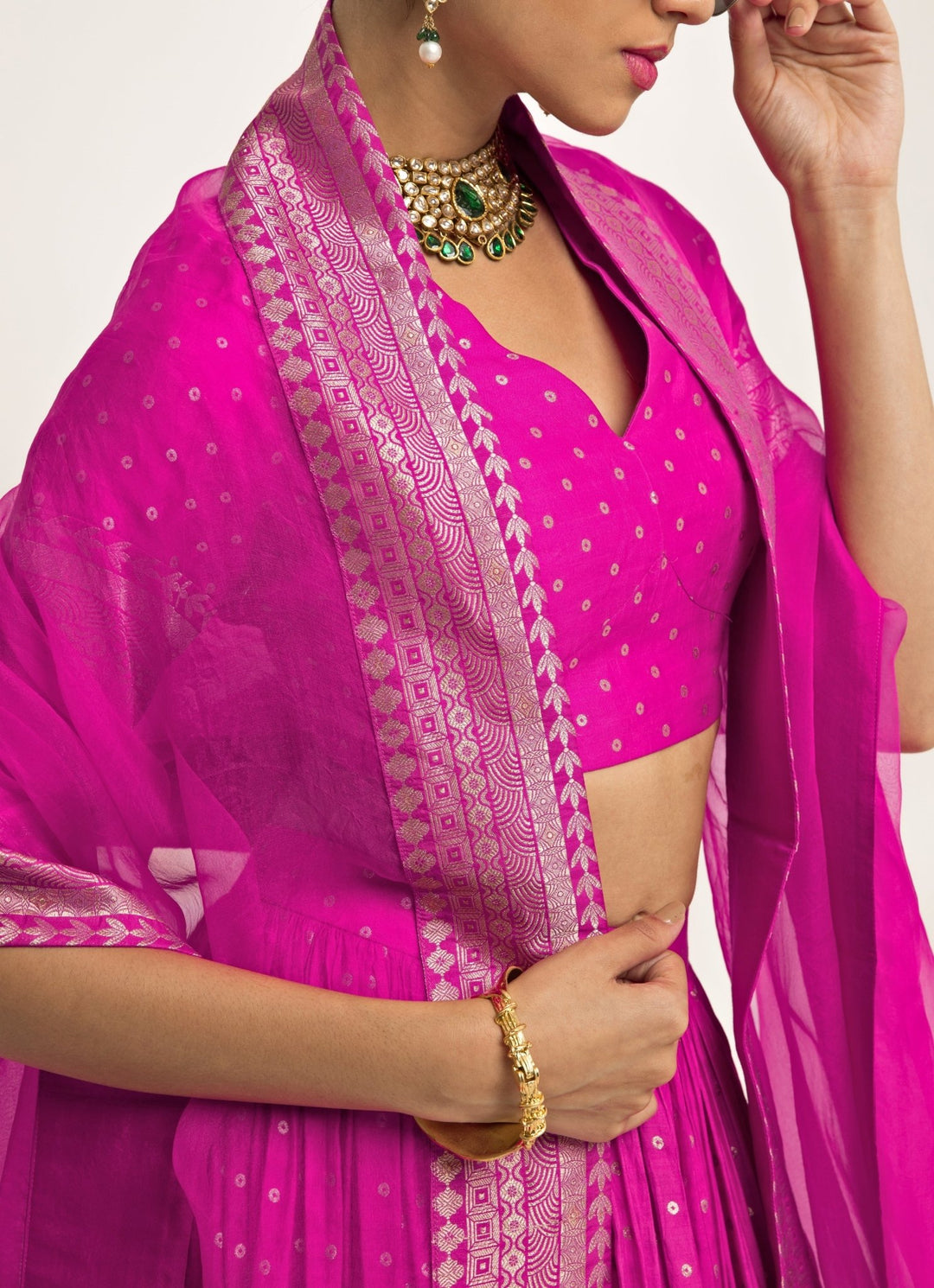 Pink Dotted Banarasi Silk Lehenga Set Sobariko - Fabilicious Fashion