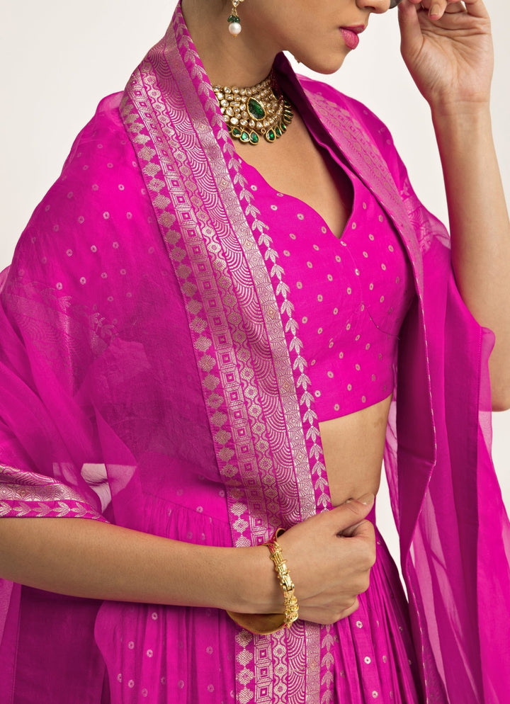 Pink Dotted Banarasi Silk Lehenga Set Sobariko - Fabilicious Fashion