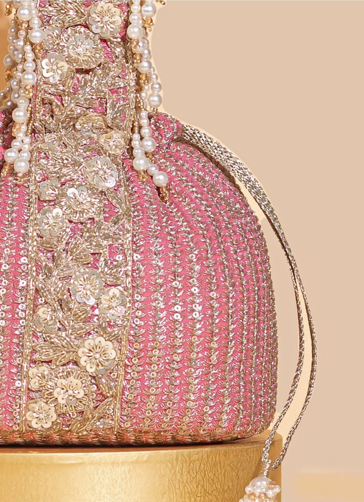 Pink Embellished Bucket Bag AMYRA - Fabilicious Fashion