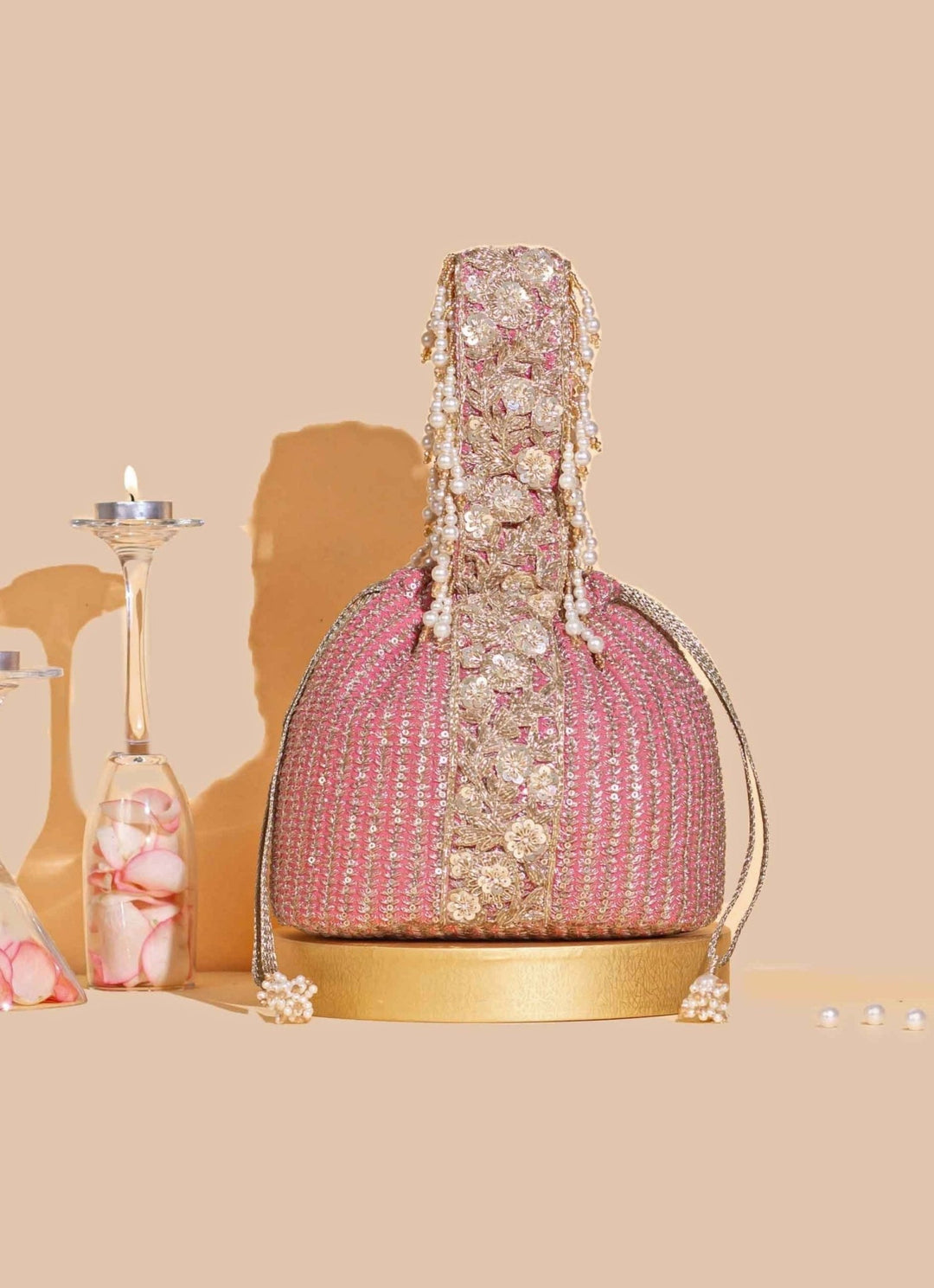 Pink Embellished Bucket Bag AMYRA - Fabilicious Fashion