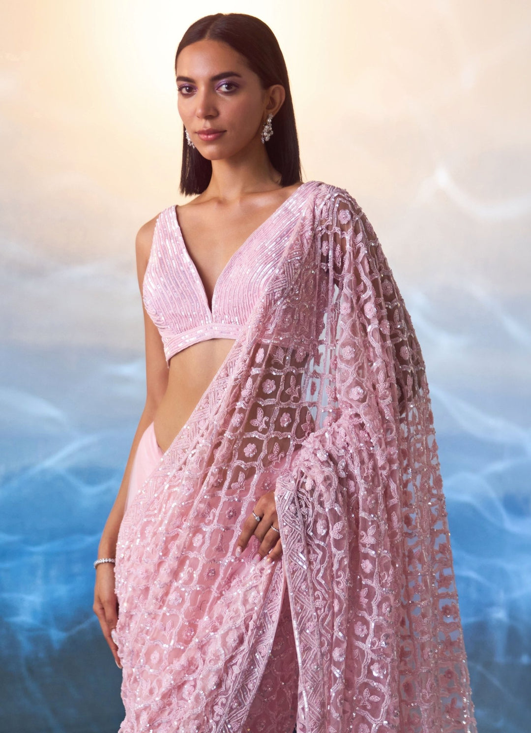 Pink Embellished Sequined Net Saree Angad Singh - Fabilicious Fashion