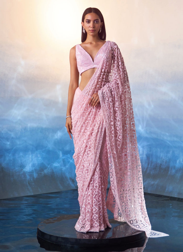 Pink Embellished Sequined Net Saree Angad Singh - Fabilicious Fashion