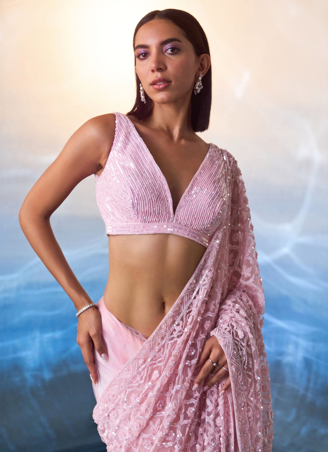 Pink Embellished Sequined Net Saree Angad Singh - Fabilicious Fashion