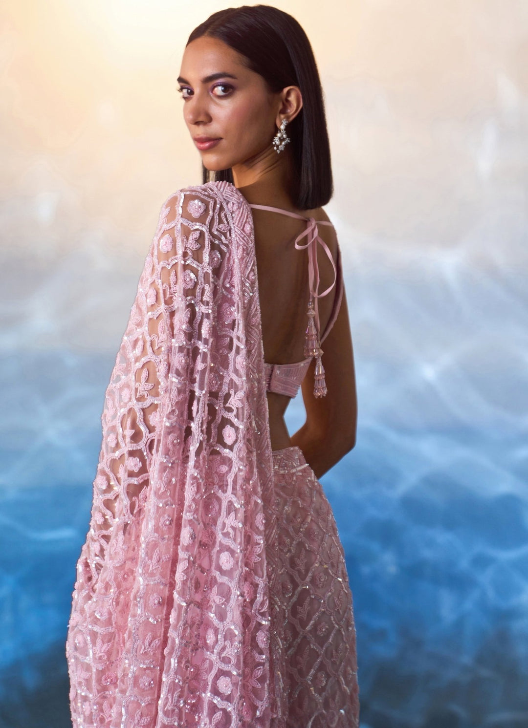 Pink Embellished Sequined Net Saree Angad Singh - Fabilicious Fashion