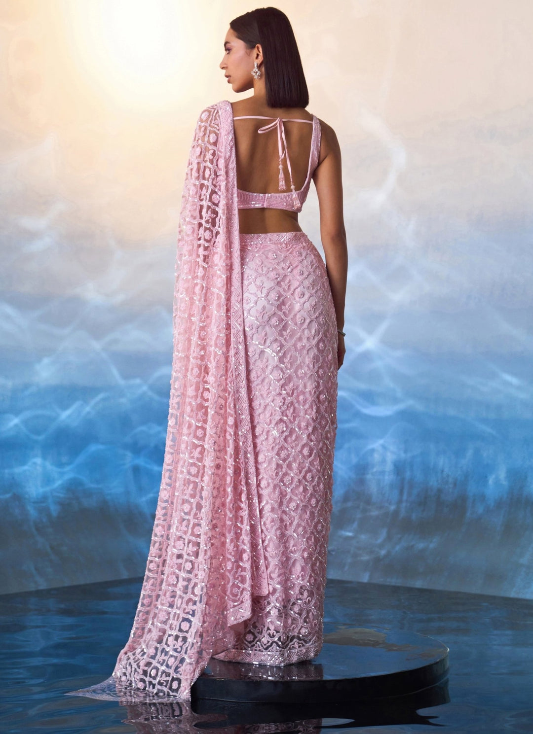 Pink Embellished Sequined Net Saree Angad Singh - Fabilicious Fashion