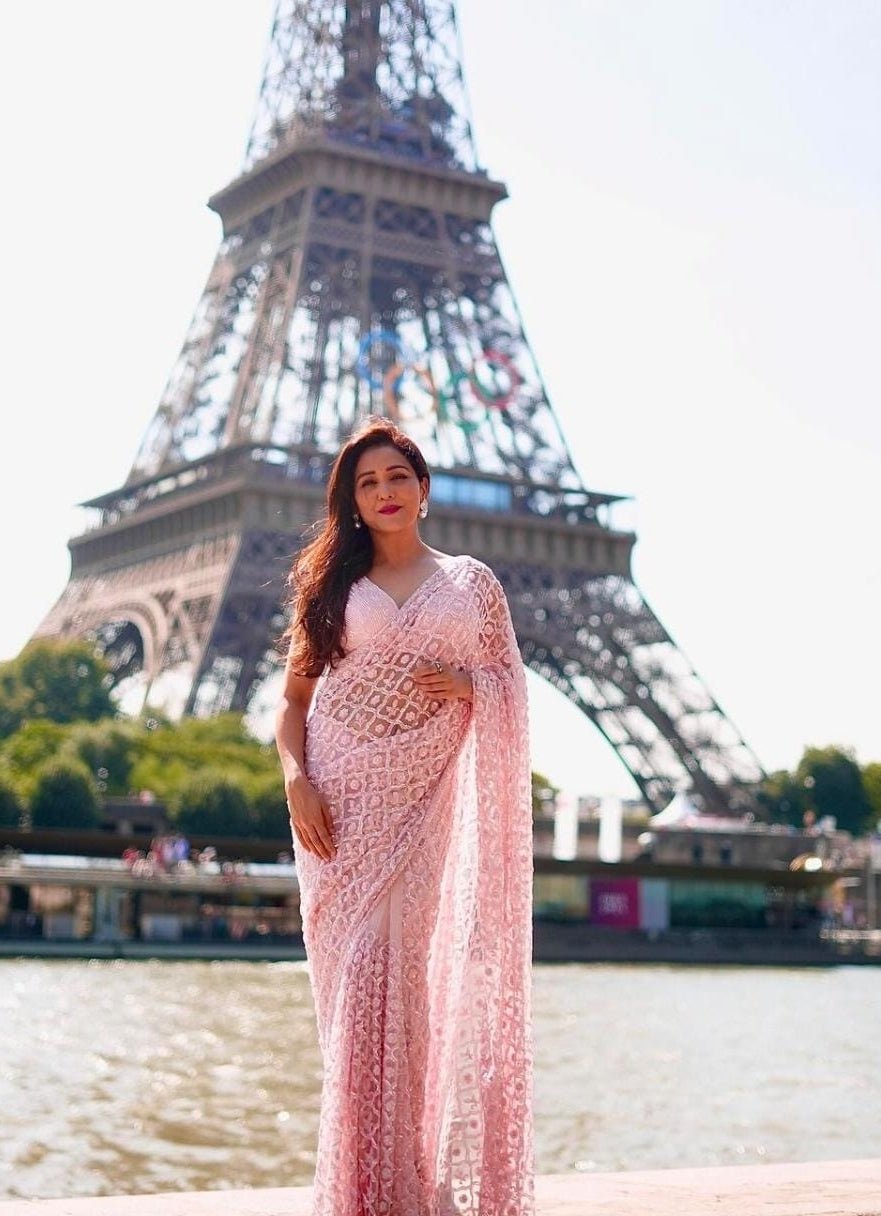 Pink Embellished Sequined Net Saree Angad Singh - Fabilicious Fashion