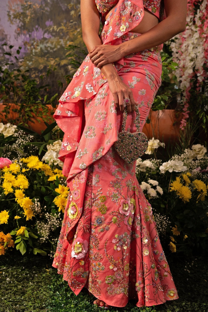 Pink Embroidered And Ruffle Draped Saree Moledro - Fabilicious Fashion