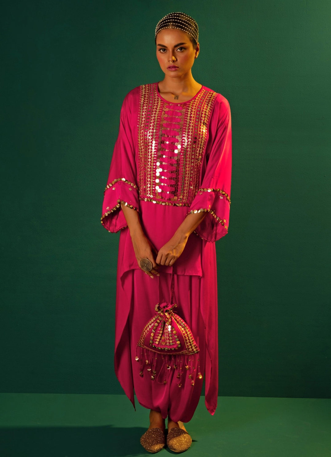 Pink Embroidered Asymmetric Tunic And Dhoti Skirt Set Prahnaaya - Fabilicious Fashion