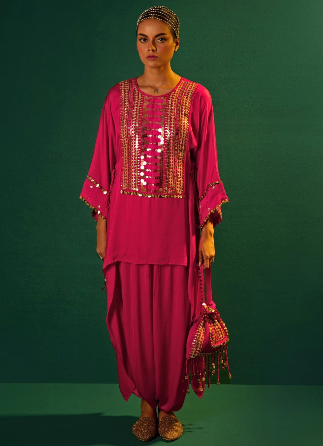 Pink Embroidered Asymmetric Tunic And Dhoti Skirt Set Prahnaaya - Fabilicious Fashion