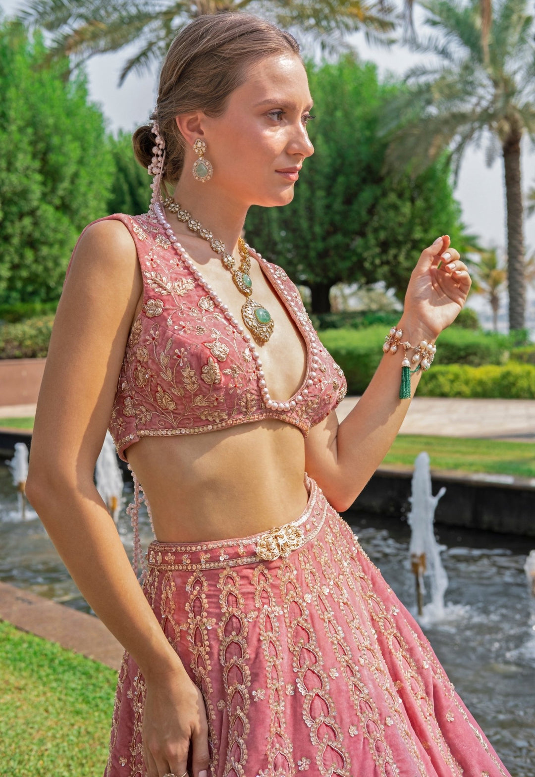 Pink Embroidered Bridal Velvet Lehenga Set Jigar and Nikita - Fabilicious Fashion