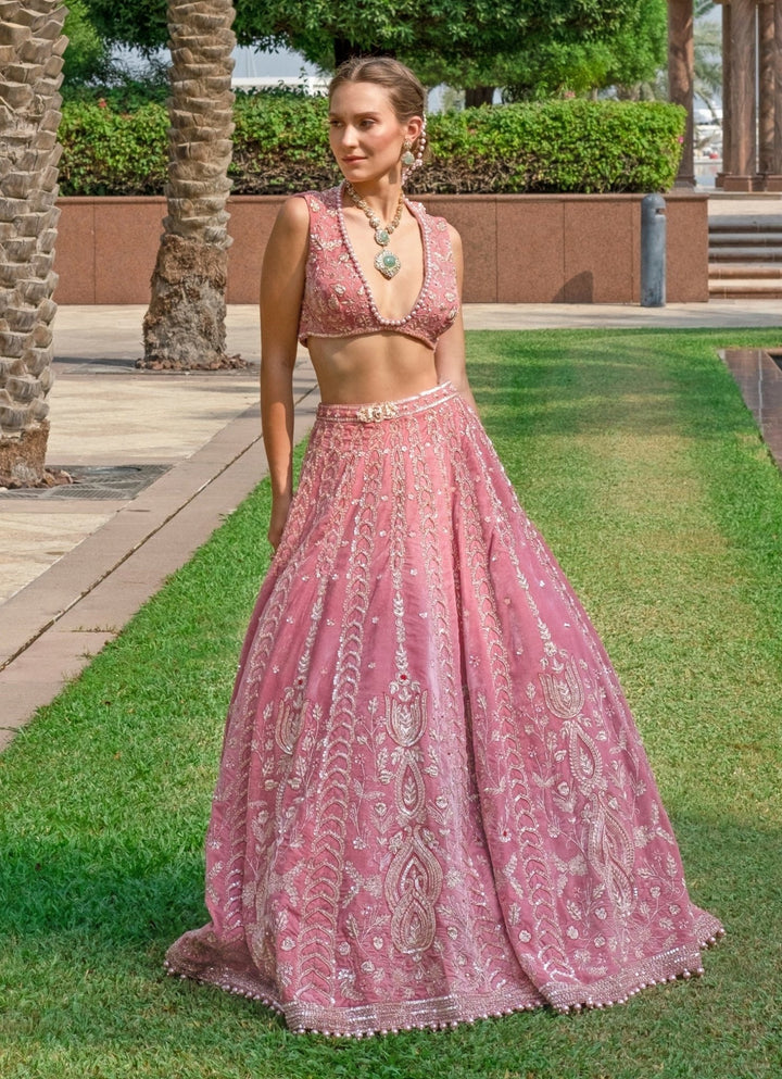 Pink Embroidered Bridal Velvet Lehenga Set Jigar and Nikita - Fabilicious Fashion