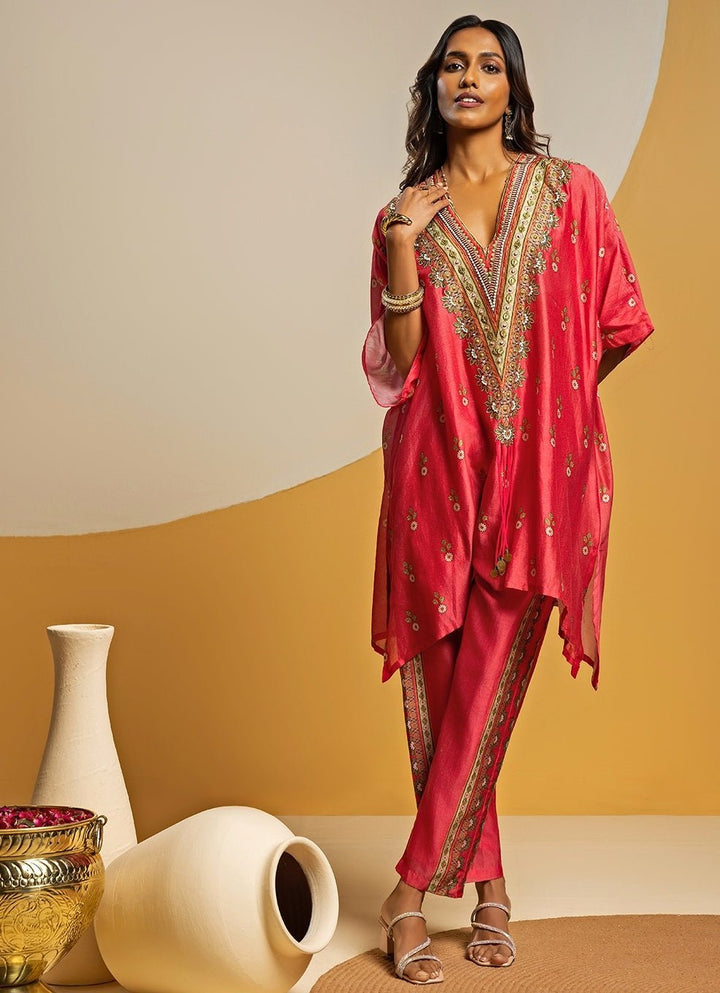 Pink Embroidered Chanderi Kurta Pants Set Soup by Sougat Paul - Fabilicious Fashion