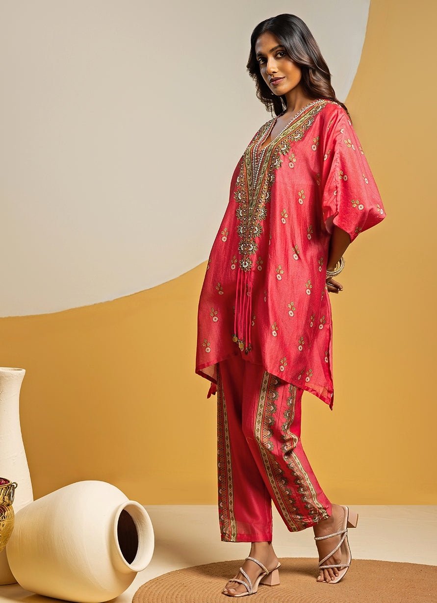 Pink Embroidered Chanderi Kurta Pants Set Soup by Sougat Paul - Fabilicious Fashion