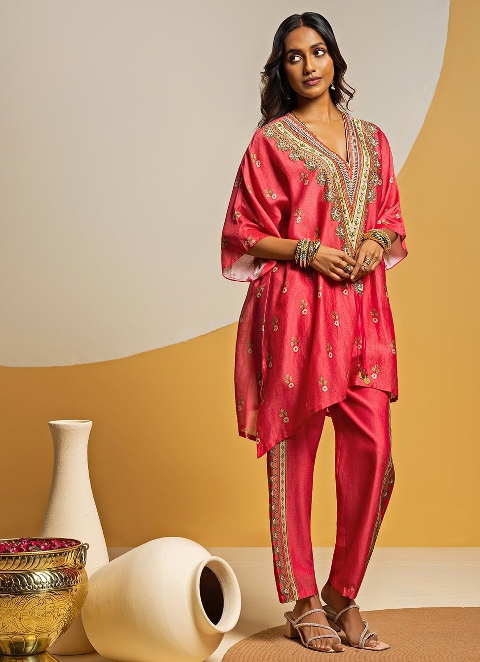 Pink Embroidered Chanderi Kurta Pants Set Soup by Sougat Paul - Fabilicious Fashion
